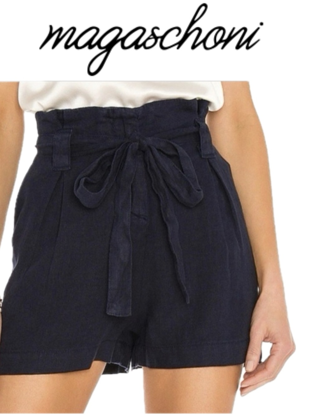 Magaschoni Navy Paperbag 100% Linen High Waist Pleated Tie Belt Summer Shorts L